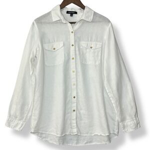 Ellen Tracy L White 100% Linen Button Down Blouse Roll Tab Sleeve Lightweight